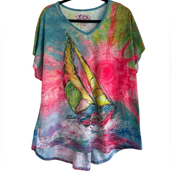 leoma lovegrove Tops - Leoma Lovegrove Colorful Sailboat Print Knit Top Women’s Size XXL